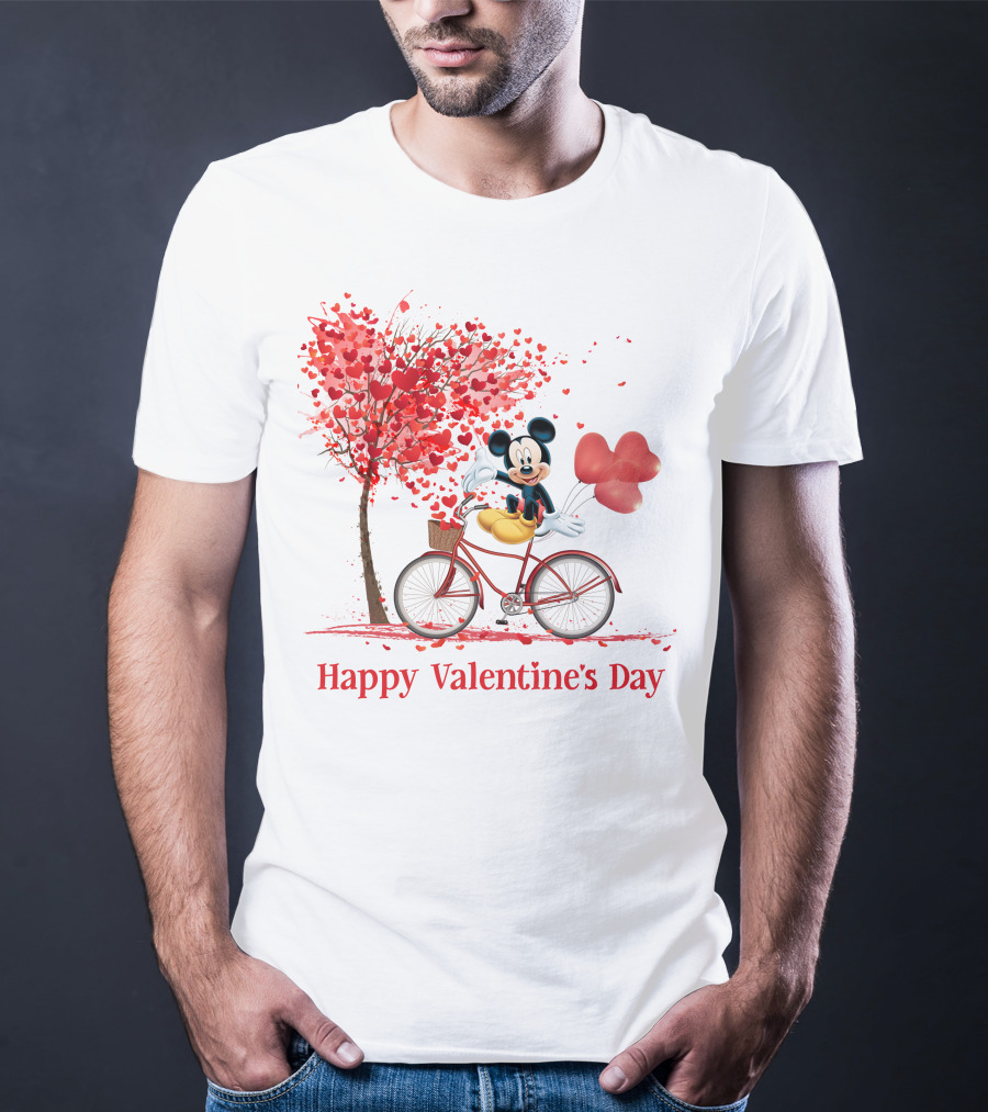 Happy Valentine's Day Mickey Mouse Hearts Bicycle Red Tree T-Shirt