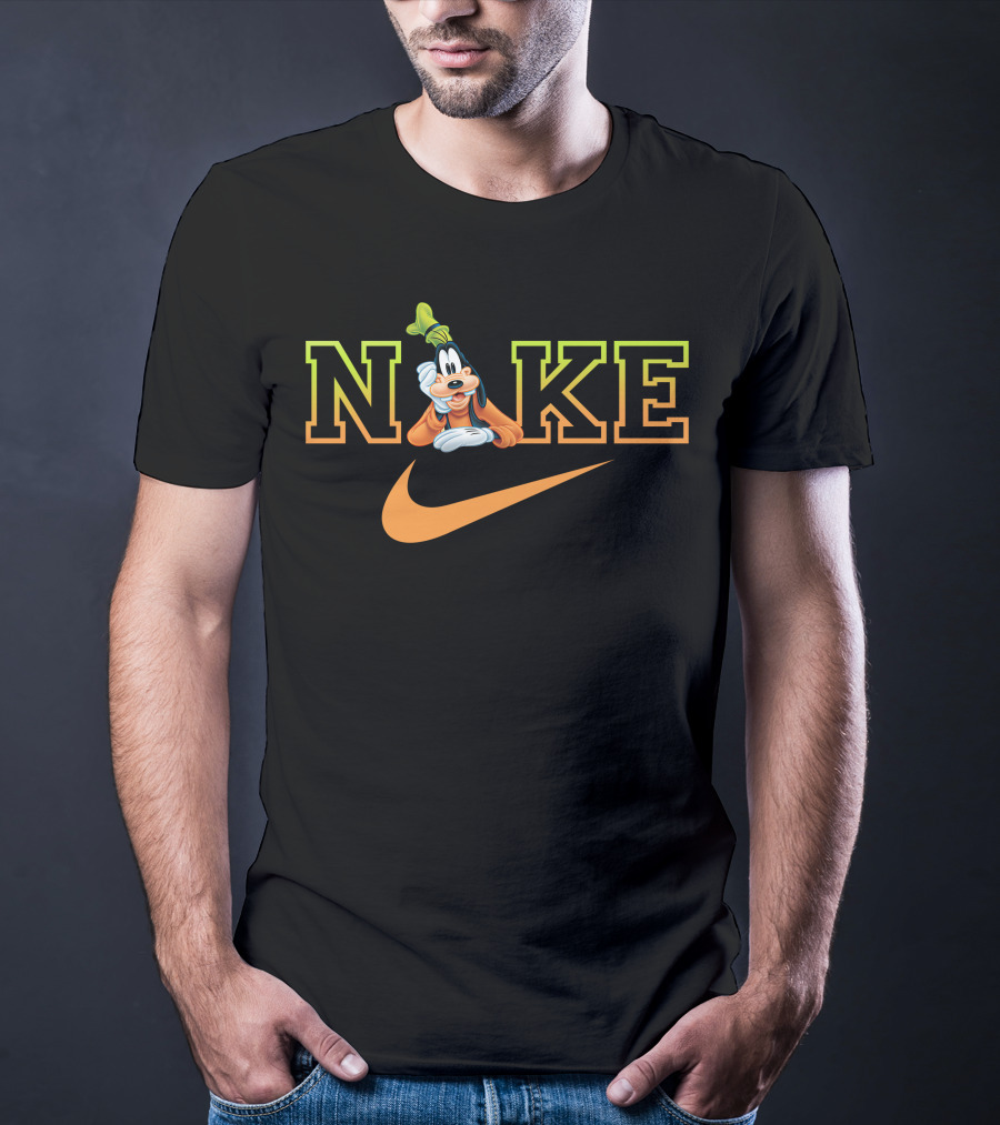 Goofy Nike With Orange Swoosh Logo And Green Hat T-Shirt