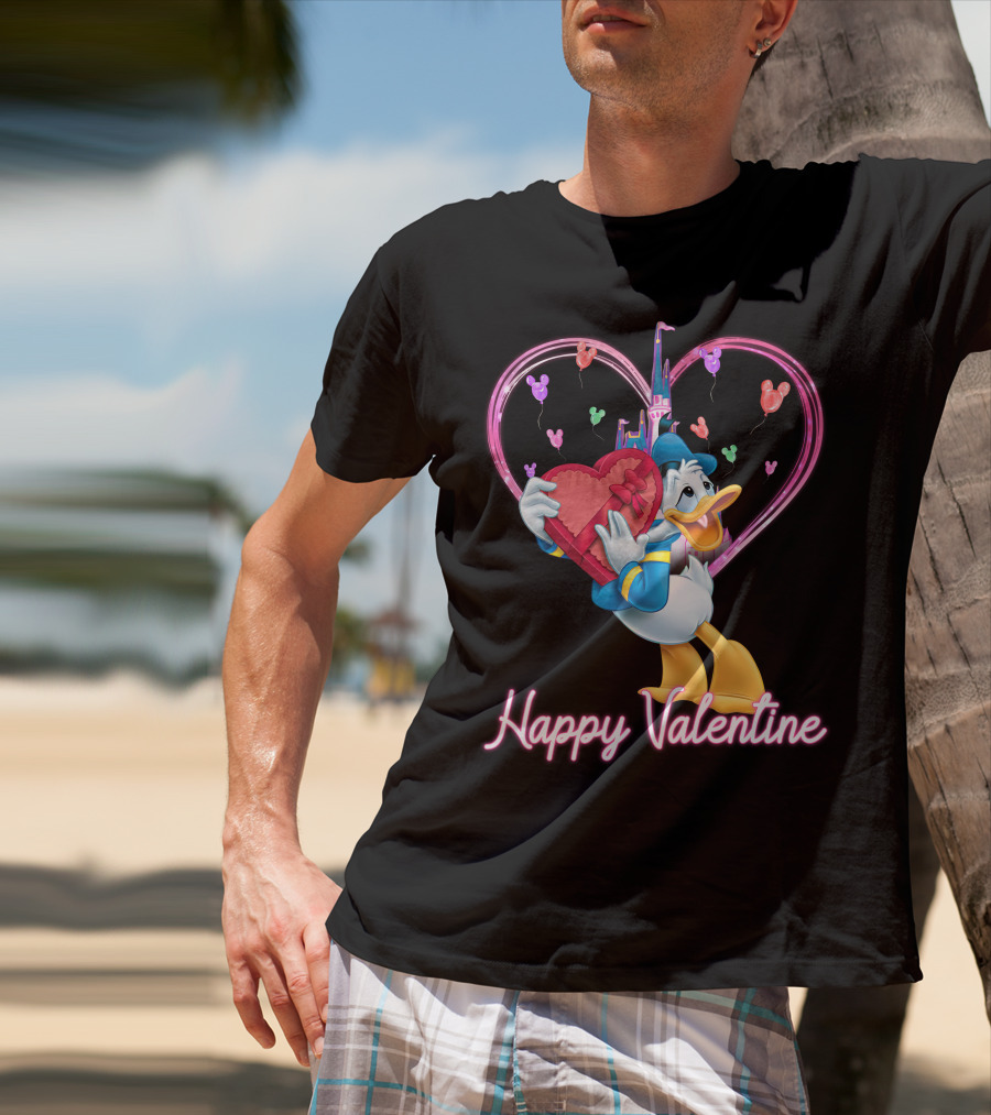 Donald Duck Happy Valentine Heart Balloons And Castle T-Shirt