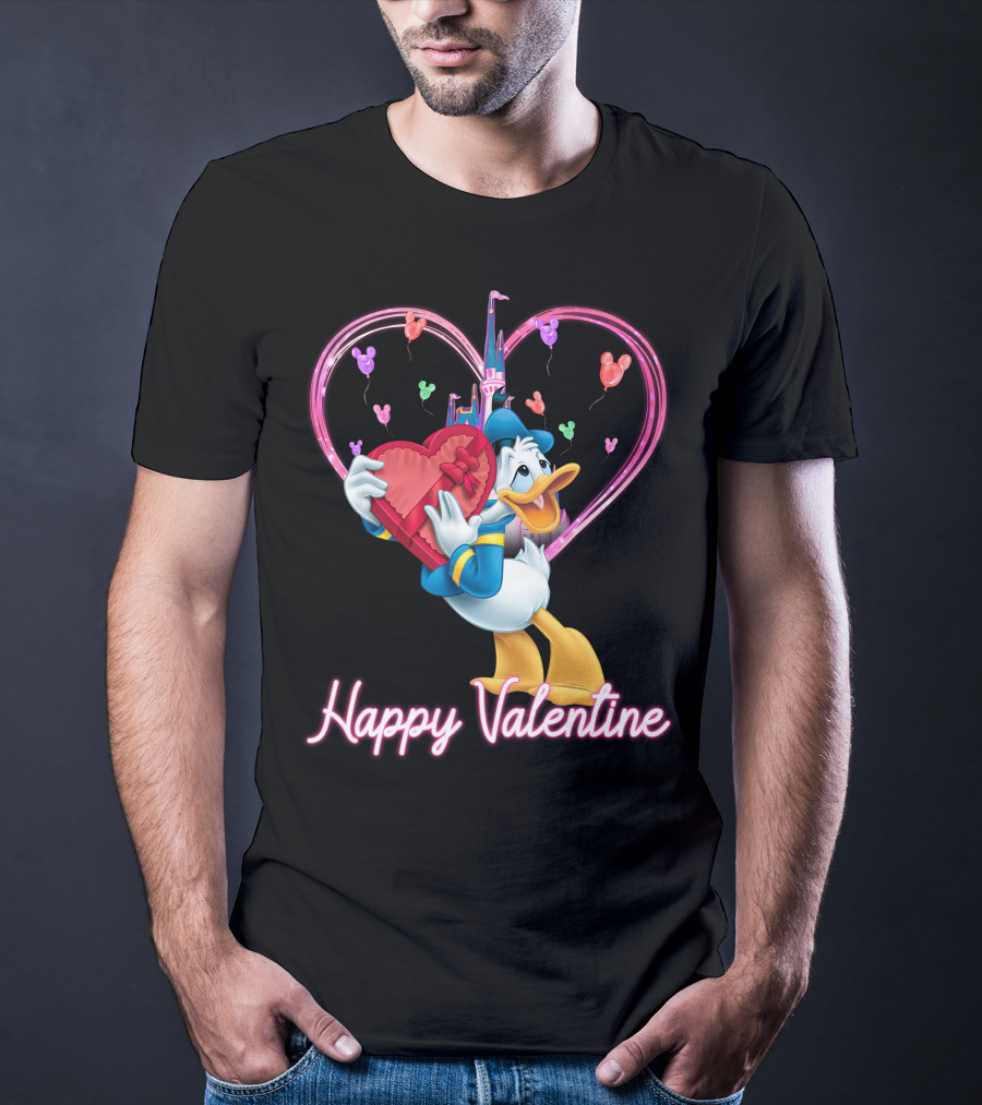 Donald Duck Happy Valentine Heart Balloons And Castle T-Shirt