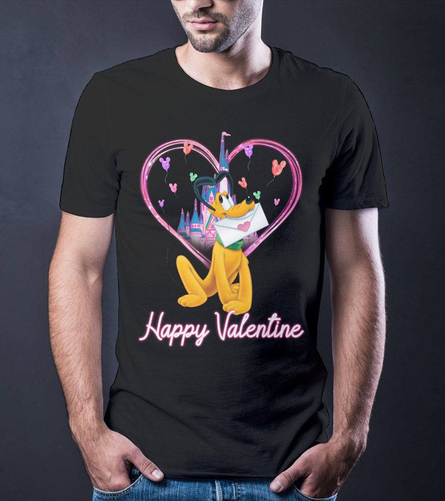 Happy Valentine Pluto Letter Heart Balloons Castle T-Shirt