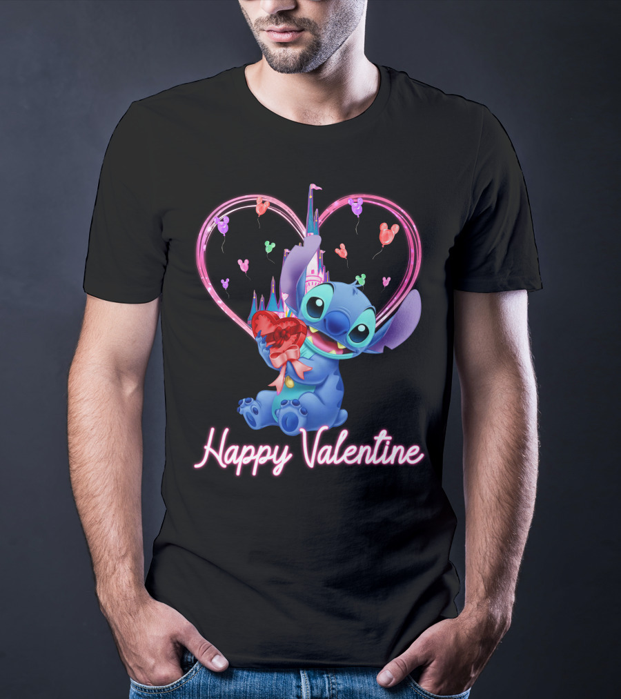 Happy Valentine Stitch Holding Heart With Castle And Balloons T-Shirt