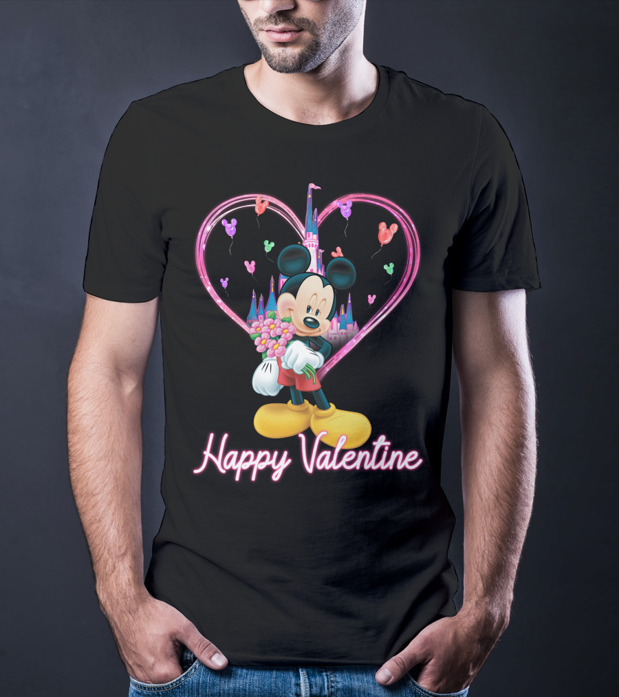 Happy Valentine Mickey Mouse Bouquet And Castle Balloons T-Shirt