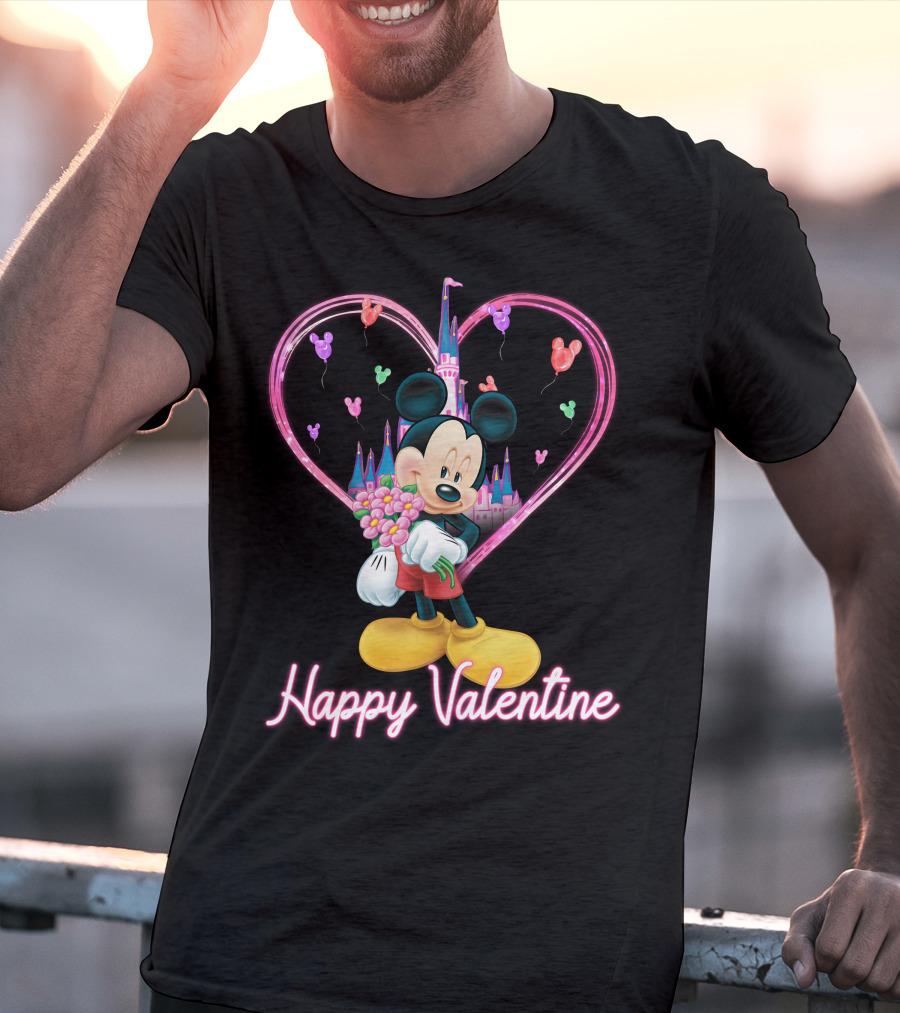 Happy Valentine Mickey Mouse Bouquet And Castle Balloons T-Shirt