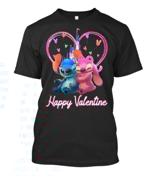 Happy Valentine Stitch Angel Castle Heart Balloons T-Shirt
