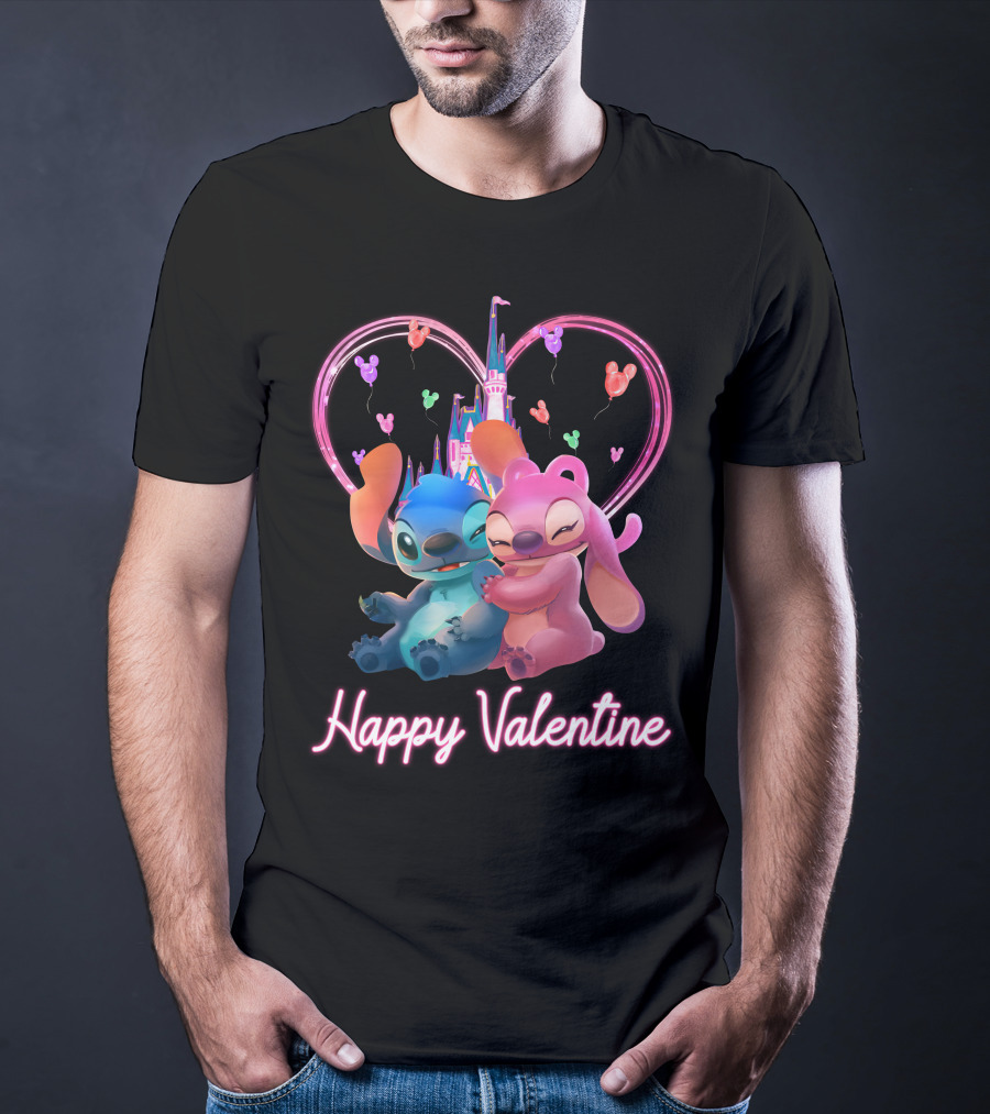 Happy Valentine Stitch Angel Castle Heart Balloons T-Shirt