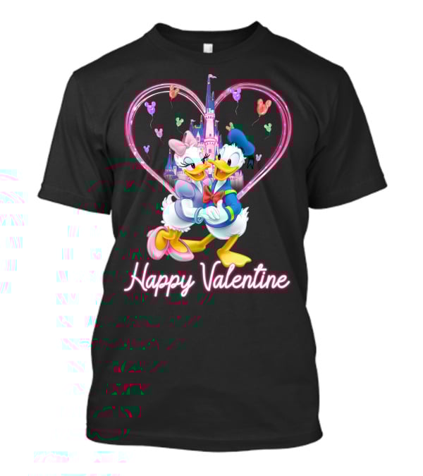 Happy Valentine Donald And Daisy In Front Of Heart Castle T-Shirt