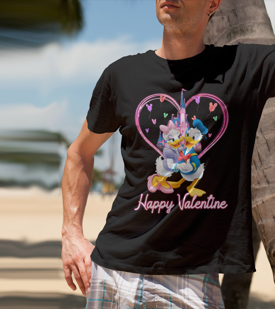 Happy Valentine Donald And Daisy In Front Of Heart Castle T-Shirt