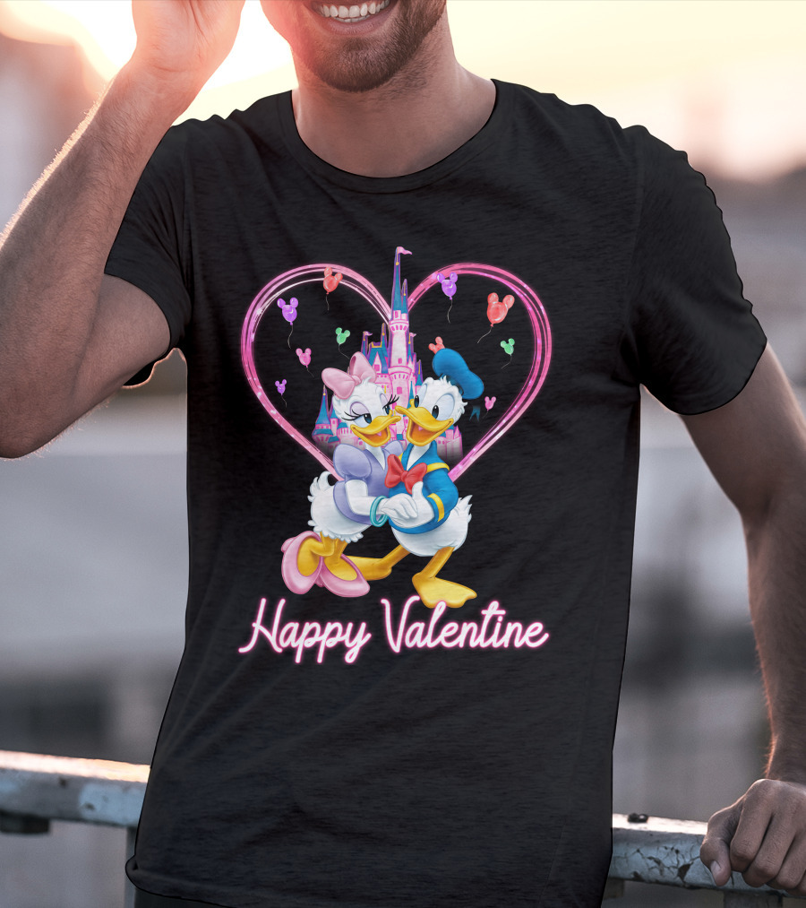 Happy Valentine Donald And Daisy In Front Of Heart Castle T-Shirt