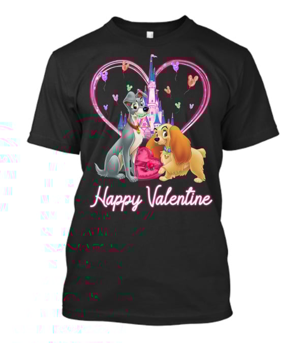 Happy Valentine Lady & The Tramp Heart Castle Balloons T-Shirt
