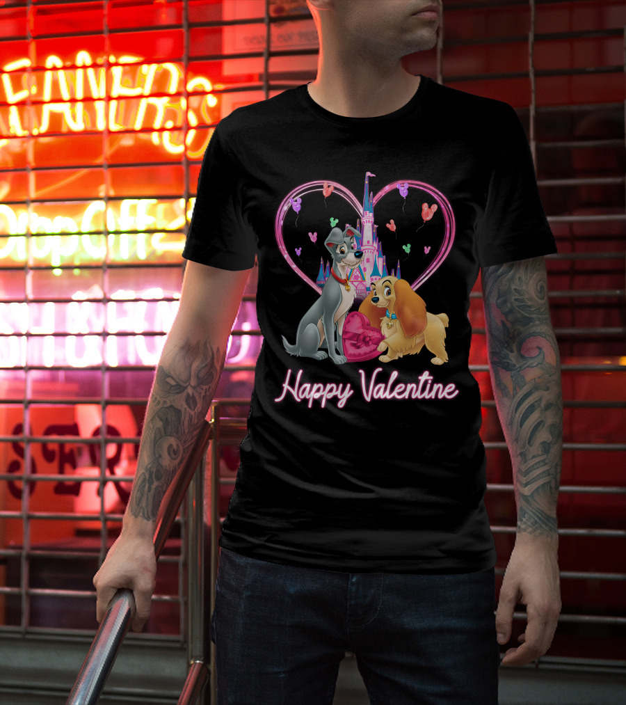 Happy Valentine Lady & The Tramp Heart Castle Balloons T-Shirt