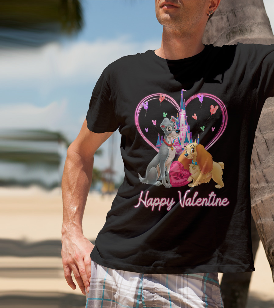 Happy Valentine Lady & The Tramp Heart Castle Balloons T-Shirt