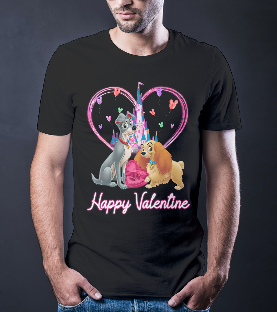 Happy Valentine Lady & The Tramp Heart Castle Balloons T-Shirt