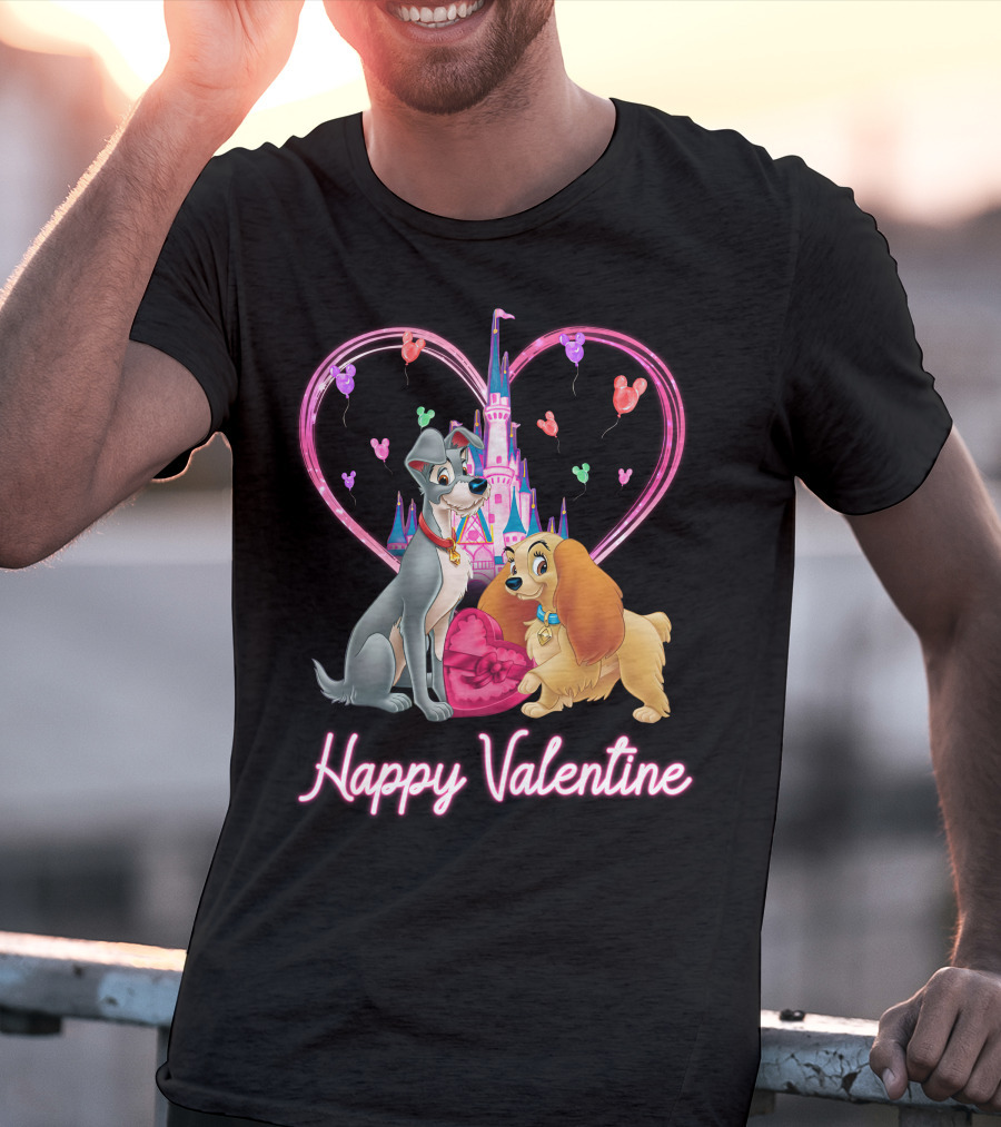 Happy Valentine Lady & The Tramp Heart Castle Balloons T-Shirt