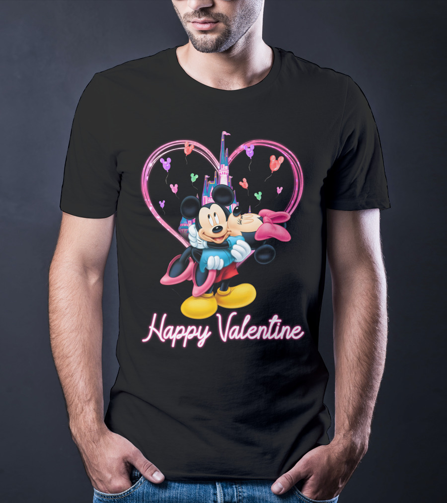 Mickey & Minnie Happy Valentine Heart And Castle Celebration T-Shirt