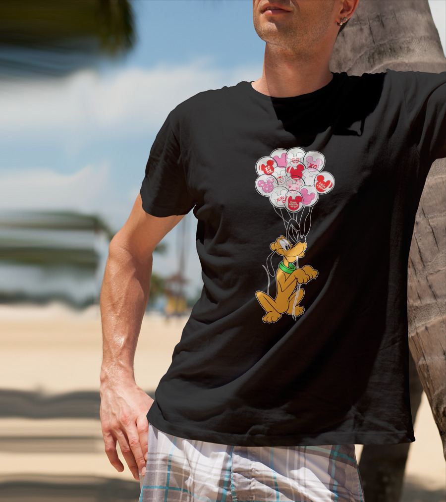 Pluto Holding Mickey And Minnie Balloons With Hearts And Xo Patterns T-Shirt