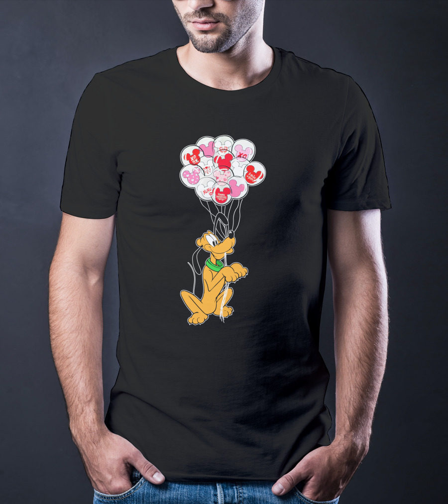 Pluto Holding Mickey And Minnie Balloons With Hearts And Xo Patterns T-Shirt