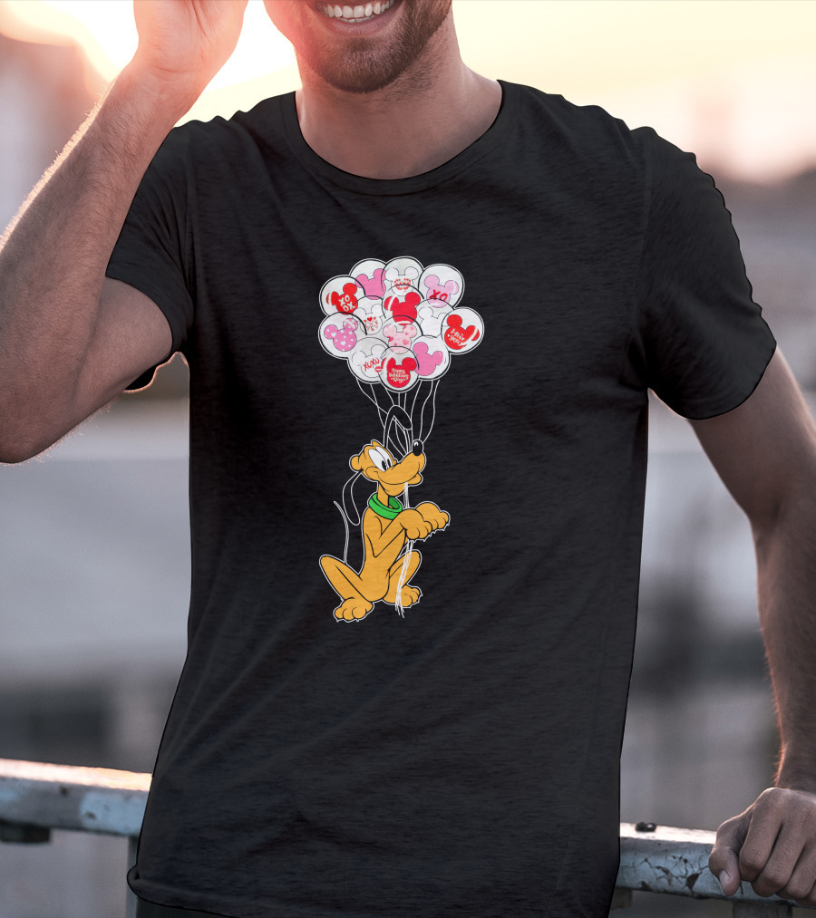 Pluto Holding Mickey And Minnie Balloons With Hearts And Xo Patterns T-Shirt