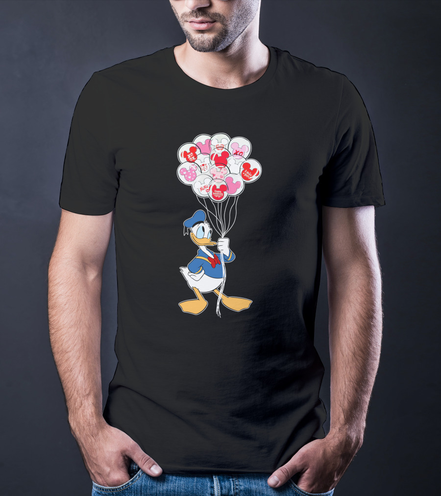 Donald Duck Holding Heart Balloons With Mickey Mouse And Minnie Icons T-Shirt