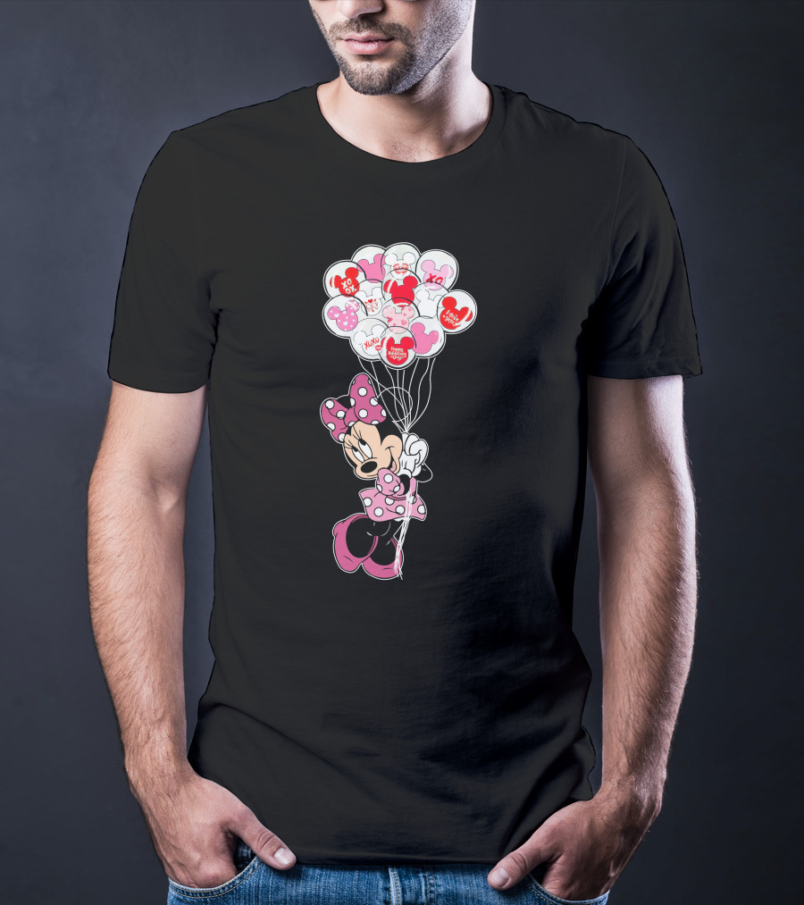 Minnie Mouse Holding Heart Balloons With Xoxo And Hugs Kisses Patterns T-Shirt