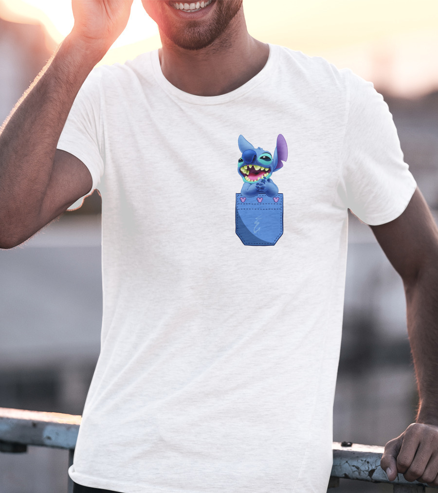 Stitch Pocket Smiling Face With Purple Ears T-Shirt
