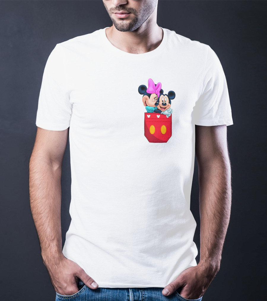 Mickey Mouse And Minnie Mouse In Red Pocket With Hearts And Bow T-Shirt