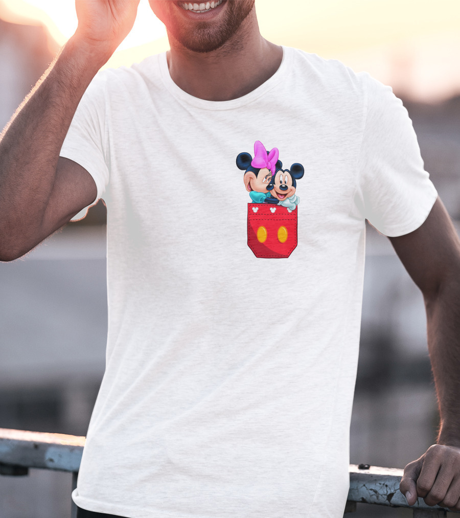 Mickey Mouse And Minnie Mouse In Red Pocket With Hearts And Bow T-Shirt