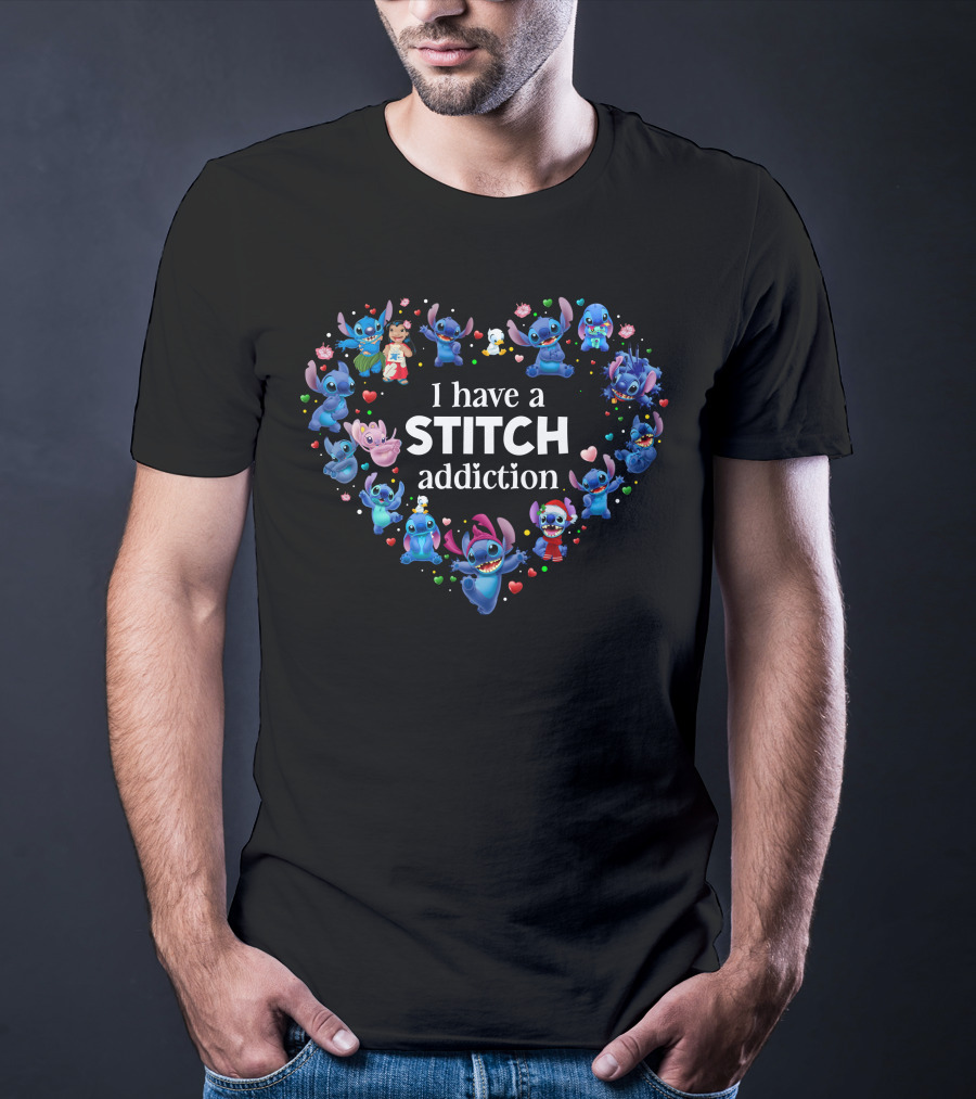 I Have A Stitch Addiction Heart Pattern With Characters T-Shirt