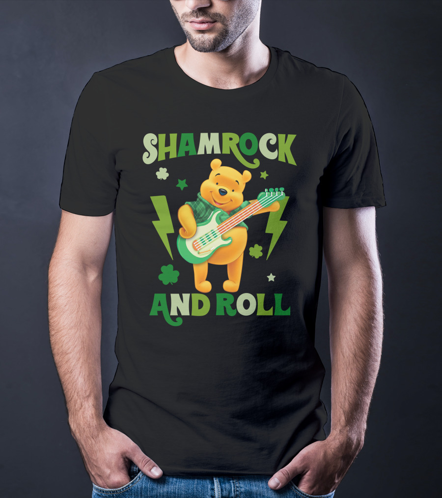 Shamrock And Roll Pooh Bear With Guitar And Green Lightning Bolts T-Shirt