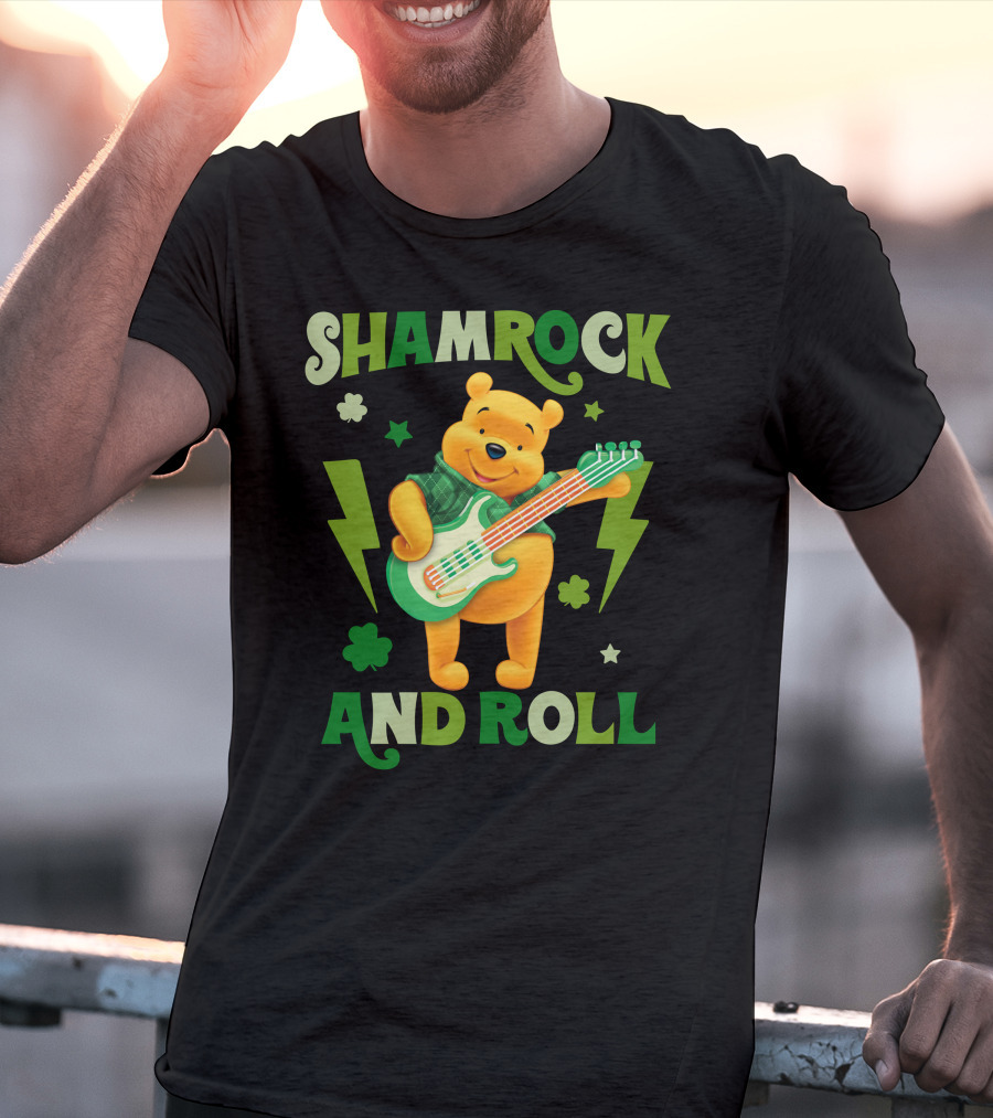 Shamrock And Roll Pooh Bear With Guitar And Green Lightning Bolts T-Shirt