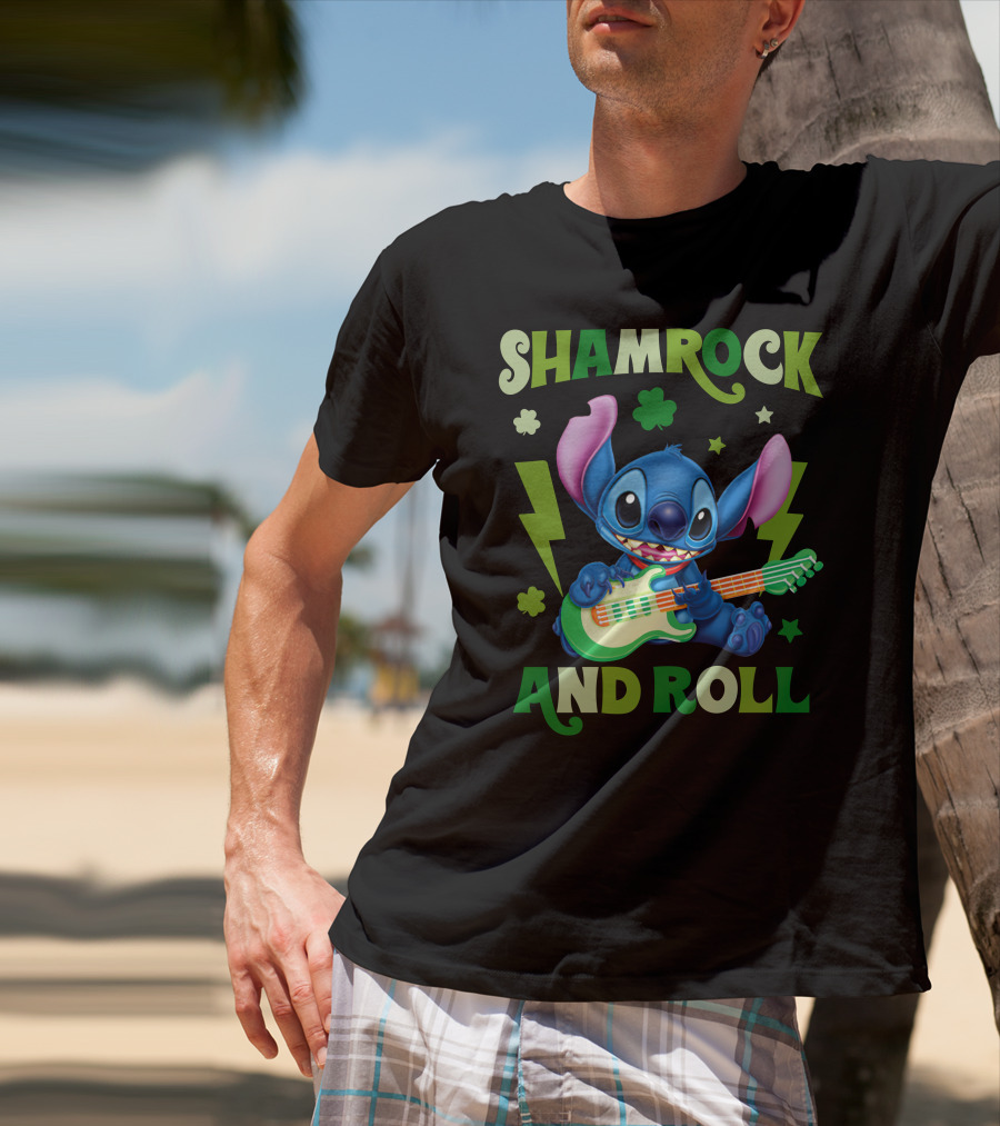 Shamrock And Roll Stitch Playing Guitar T-Shirt