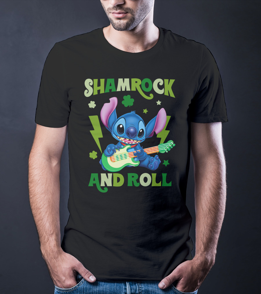 Shamrock And Roll Stitch Playing Guitar T-Shirt
