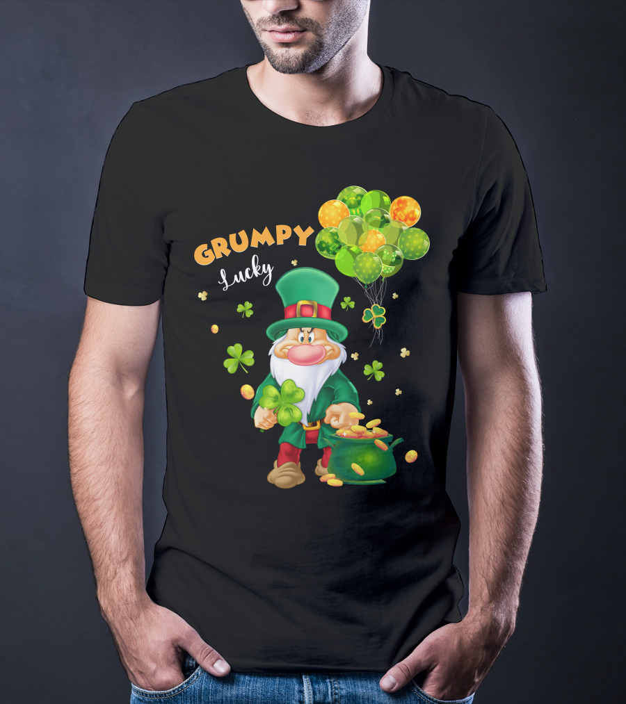 Grumpy Lucky Leprechaun With Shamrocks And Gold Coins T-Shirt