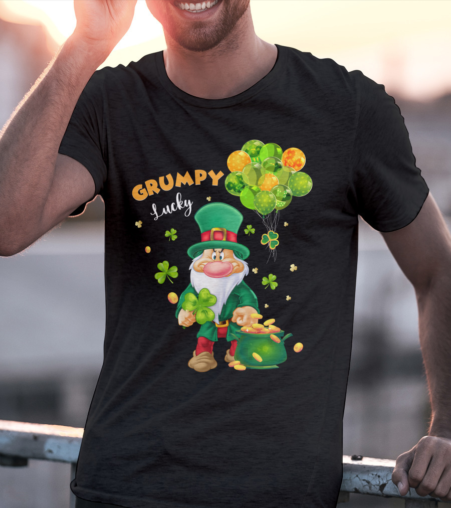 Grumpy Lucky Leprechaun With Shamrocks And Gold Coins T-Shirt