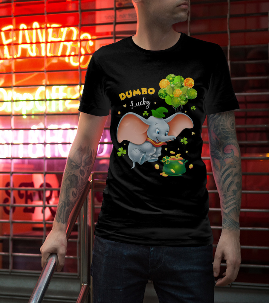 Dumbo Lucky Elephant With Green Hat And Balloons With Pot Of Gold T-Shirt
