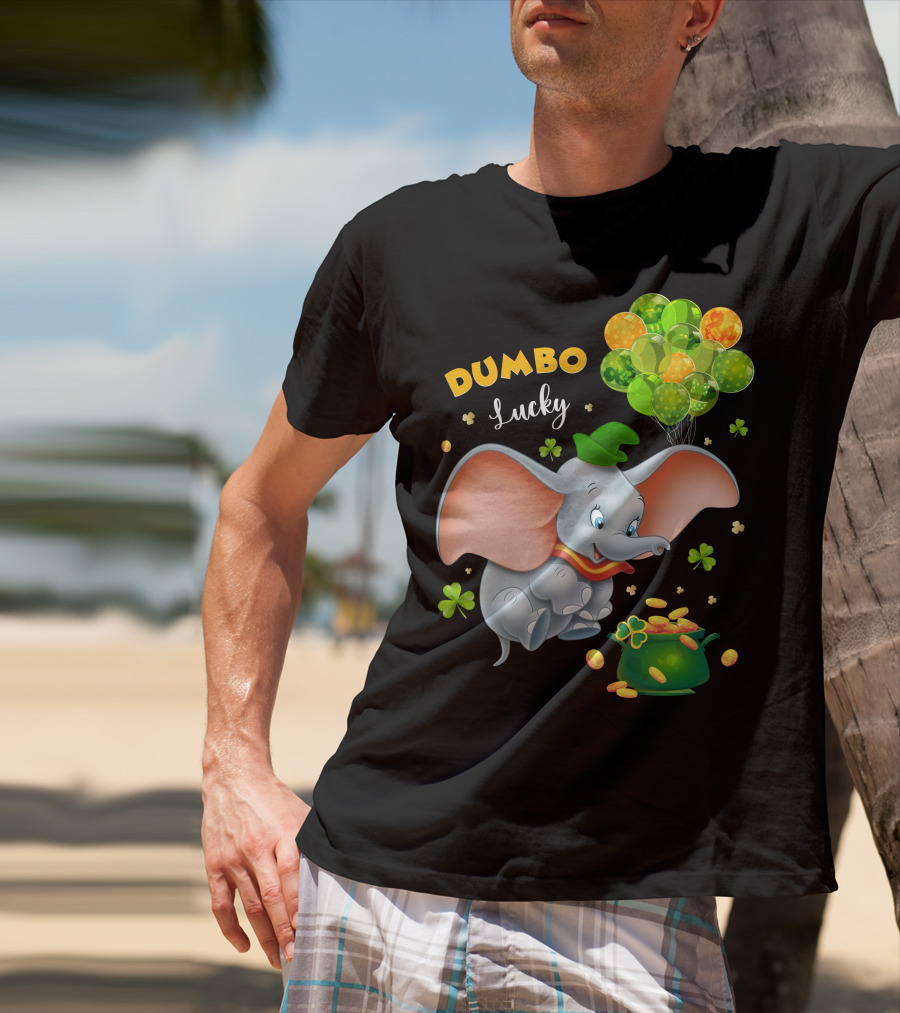 Dumbo Lucky Elephant With Green Hat And Balloons With Pot Of Gold T-Shirt