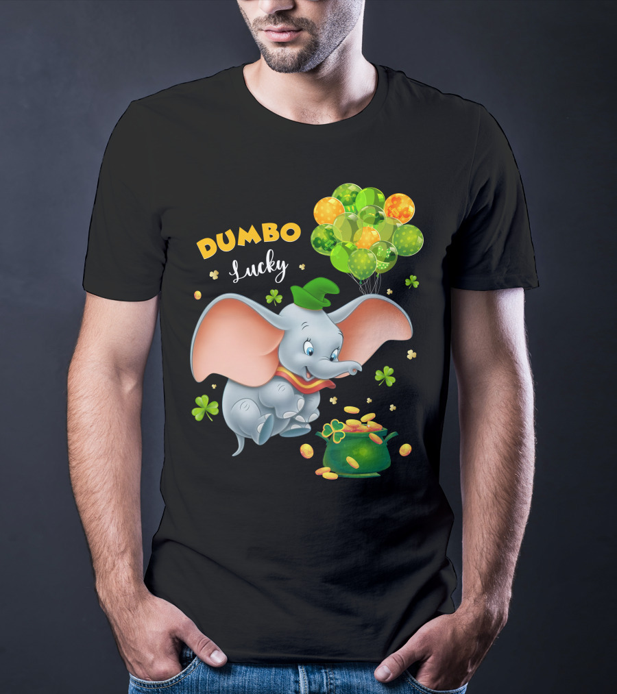 Dumbo Lucky Elephant With Green Hat And Balloons With Pot Of Gold T-Shirt