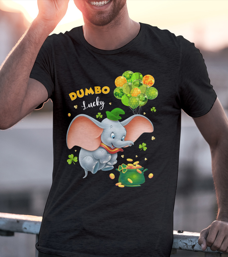 Dumbo Lucky Elephant With Green Hat And Balloons With Pot Of Gold T-Shirt