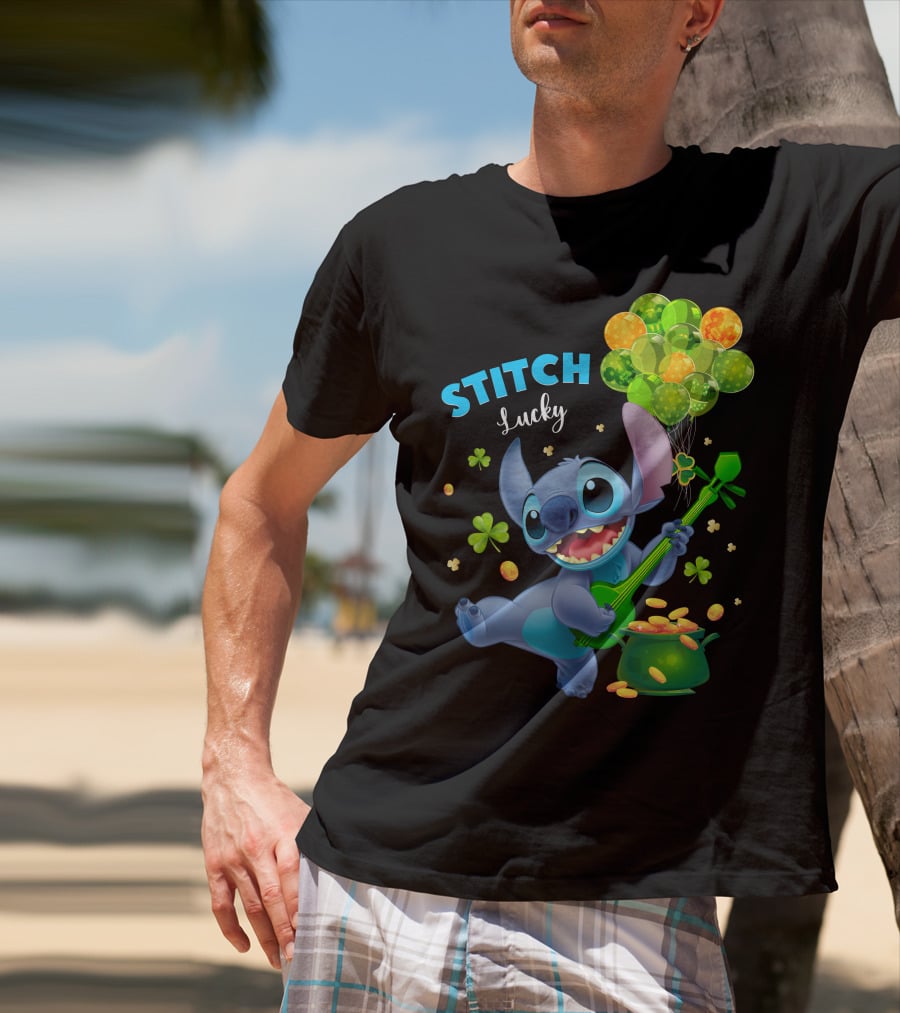 Stitch Lucky Balloons And Shamrock Celebration T-Shirt