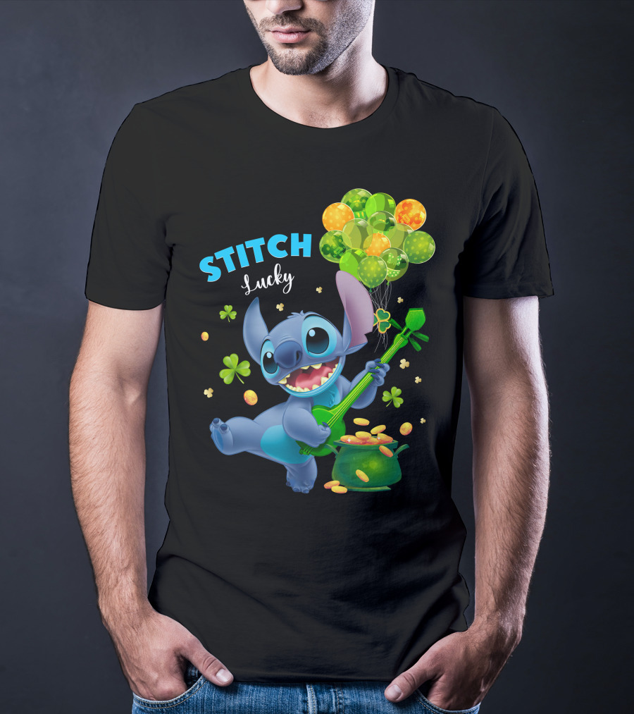 Stitch Lucky Balloons And Shamrock Celebration T-Shirt