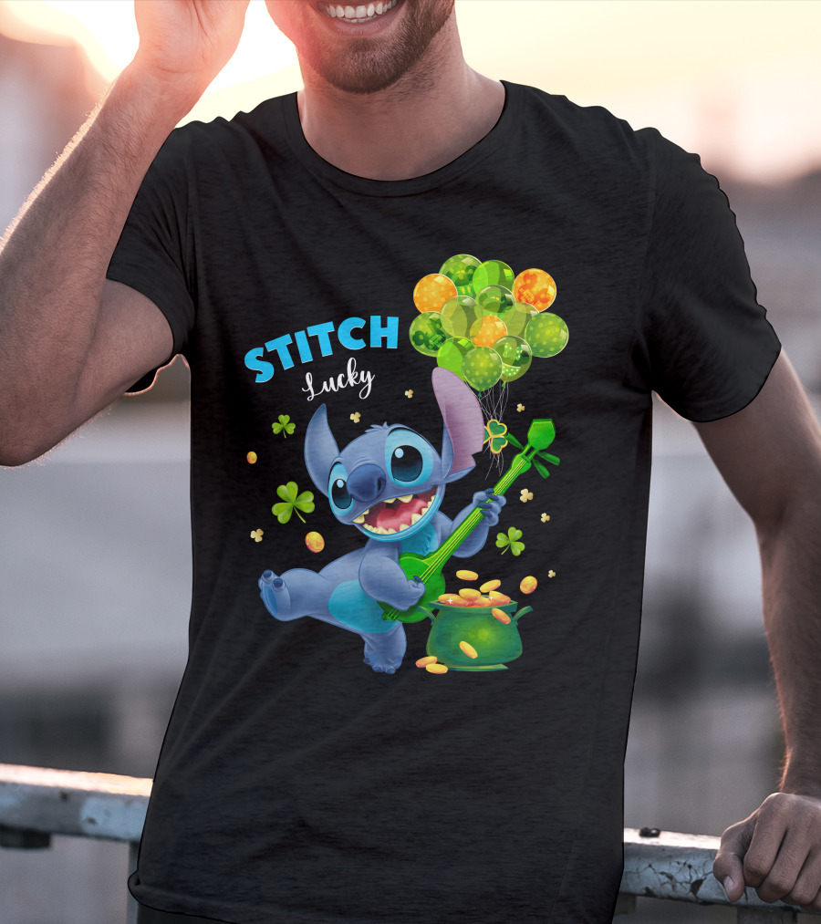 Stitch Lucky Balloons And Shamrock Celebration T-Shirt