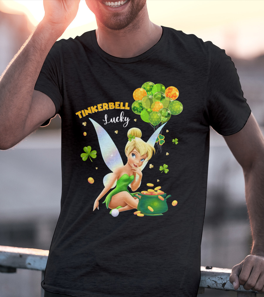 Tinkerbell Lucky Balloons And Clover With Pot Of Gold T-Shirt