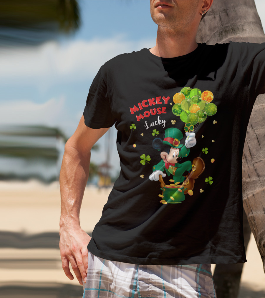 Mickey Mouse Lucky Shamrock Balloons Leprechaun Coins T-Shirt