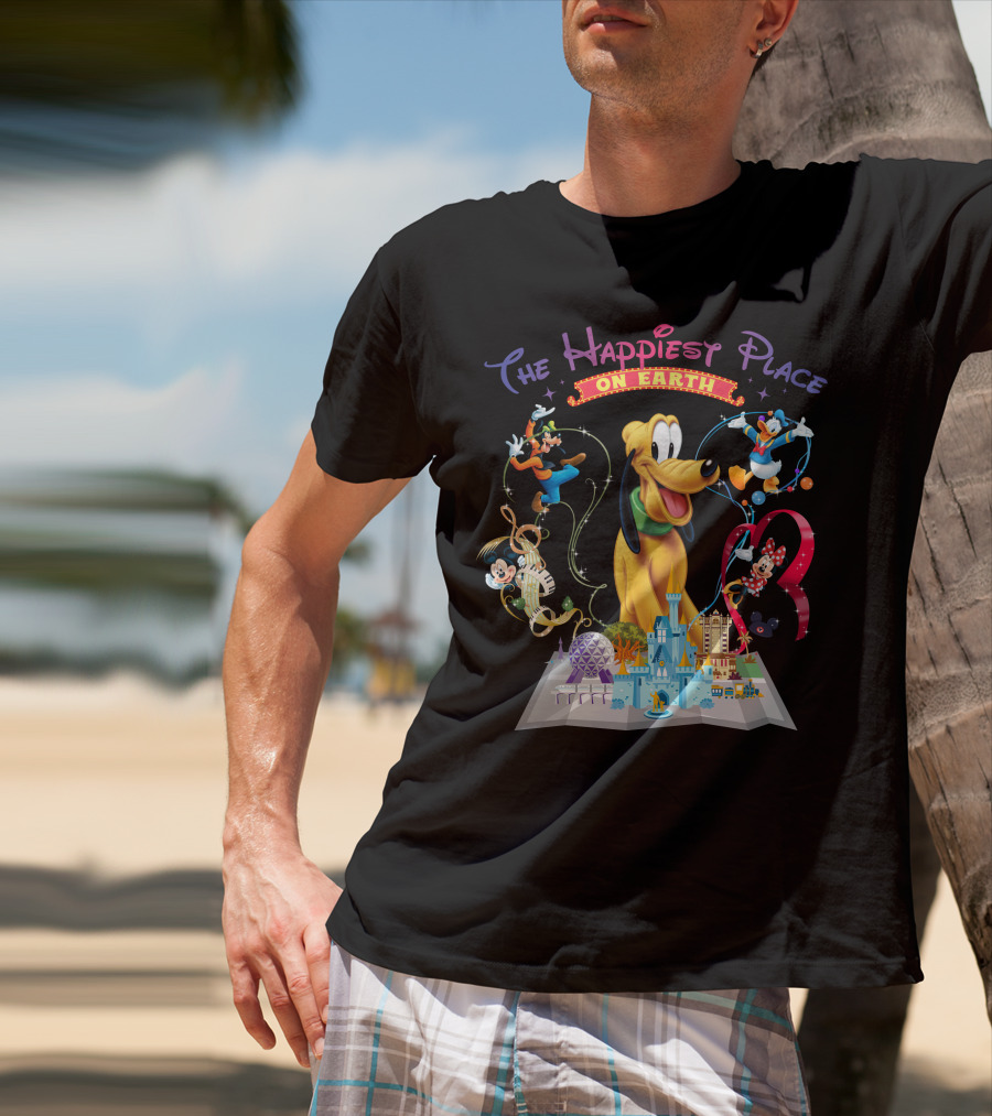 The Happiest Place On Earth Pluto Mickey Mouse Donald Duck Goofy Minnie Mouse Disney World Map T-Shirt