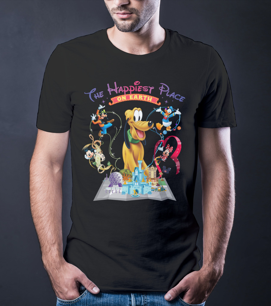 The Happiest Place On Earth Pluto Mickey Mouse Donald Duck Goofy Minnie Mouse Disney World Map T-Shirt