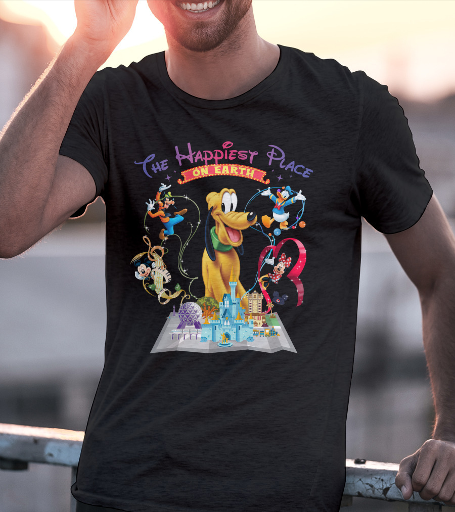 The Happiest Place On Earth Pluto Mickey Mouse Donald Duck Goofy Minnie Mouse Disney World Map T-Shirt