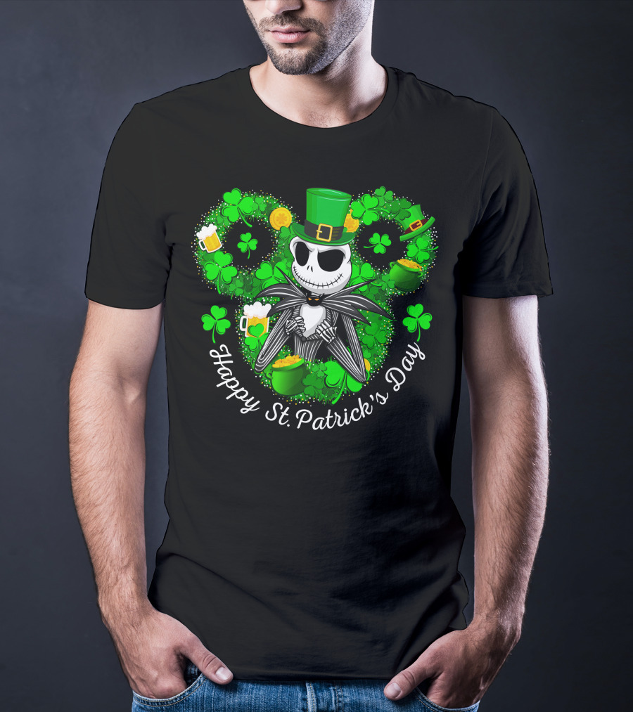Jack Skellington Happy St. Patrick's Day Shamrocks And Leprechaun Hat T-Shirt