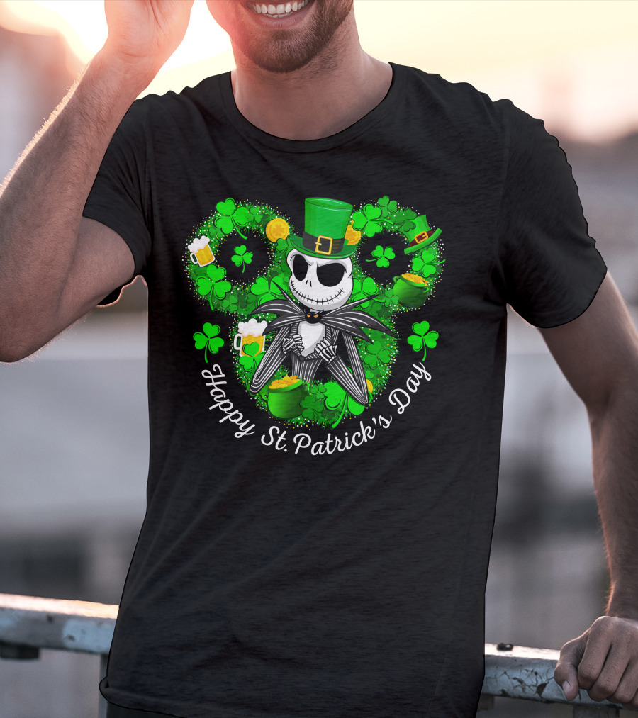 Jack Skellington Happy St. Patrick's Day Shamrocks And Leprechaun Hat T-Shirt