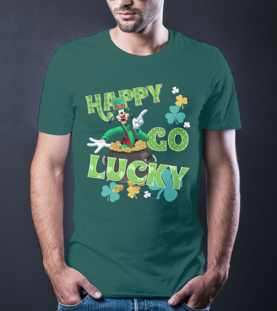 Happy Go Lucky Goofy Pot Of Gold Shamrocks T-Shirt