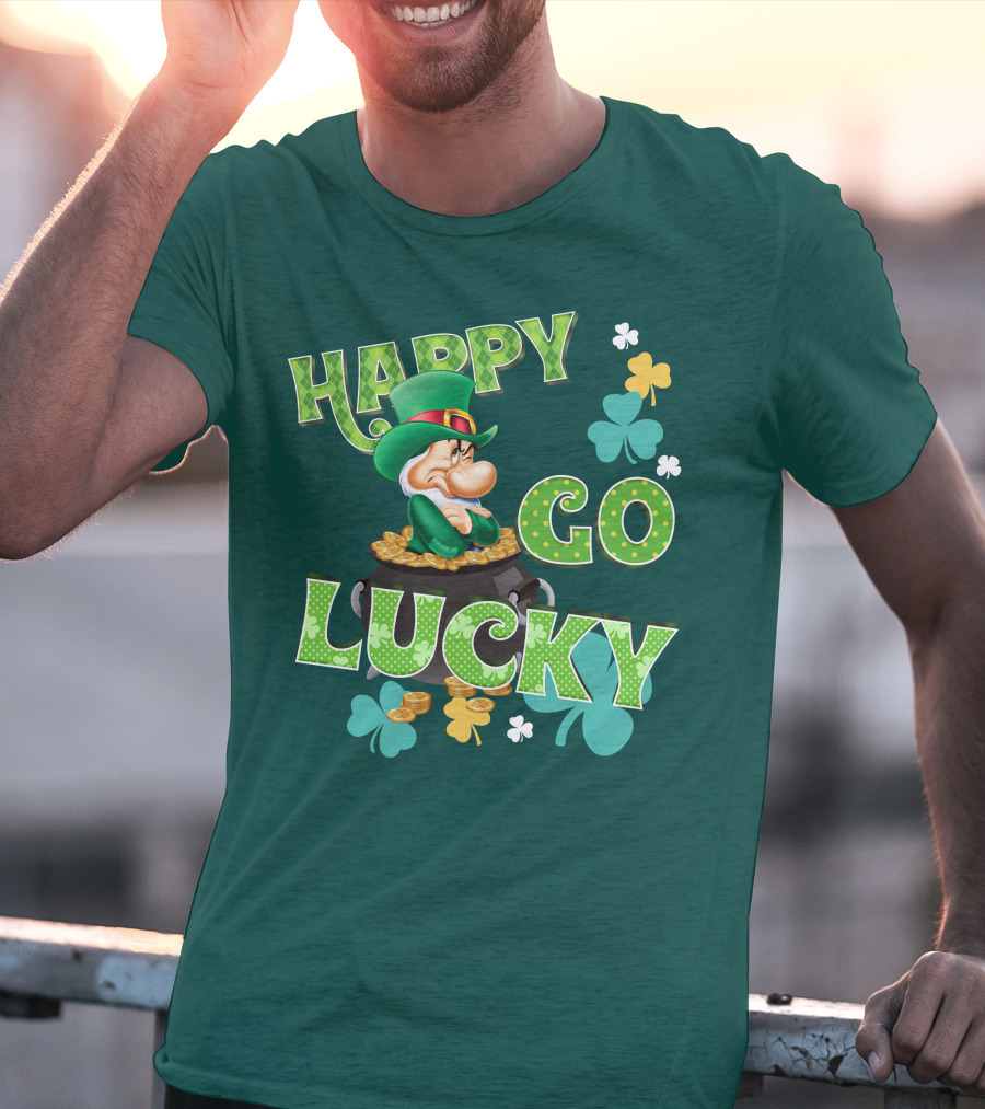 Happy Go Lucky Grumpy Dwarf Leprechaun Pot Of Gold Shamrocks T-Shirt